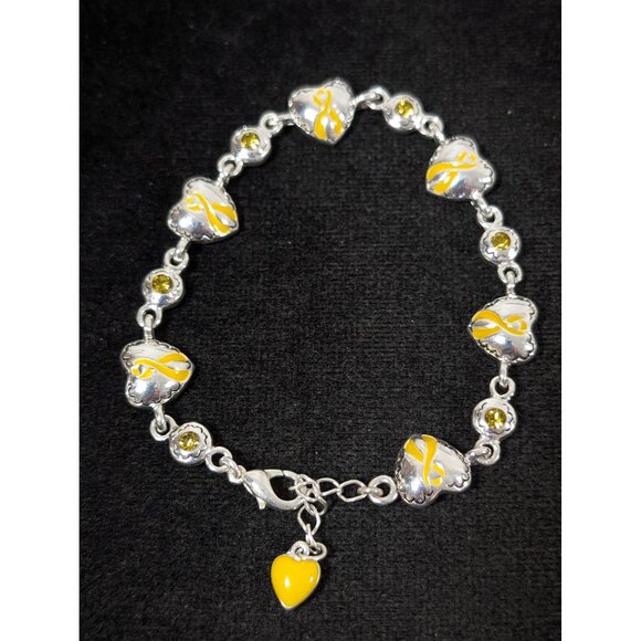 Yellow Ribbon Awareness Bracelet Rhinestone Heart Tennis 7" - Picture 1 of 8